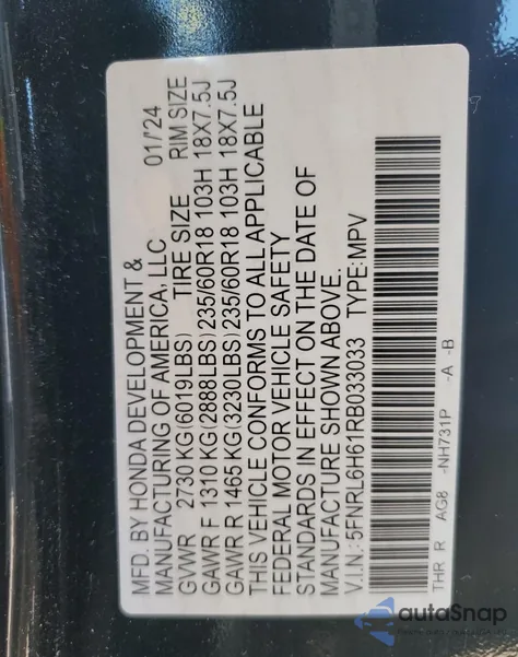 2024 Honda Odyssey Exl from USA, damaged, VIN 5FNRL6H61RB033033